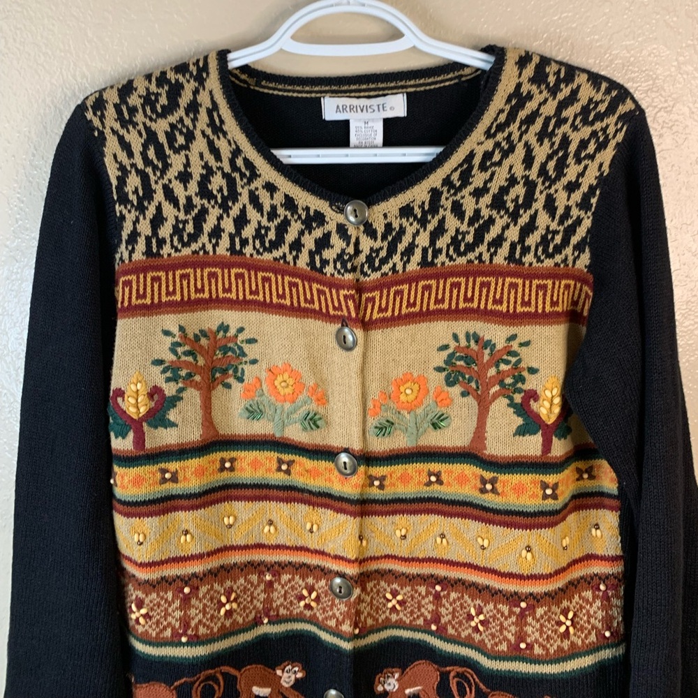 Vintage Arriviste Embroidered Beaded Monkey Novelty Print Cardigan Size M - Picture 4 of 13